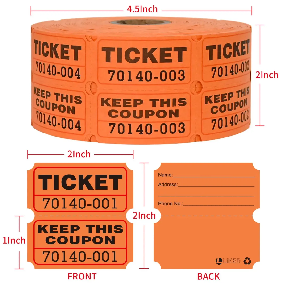 L LIKED Orange Raffle Tickets 2" x 2", Double Roll, 1000 Pairs/Roll | Consecutively Numbered for Easy Event Management - view 3