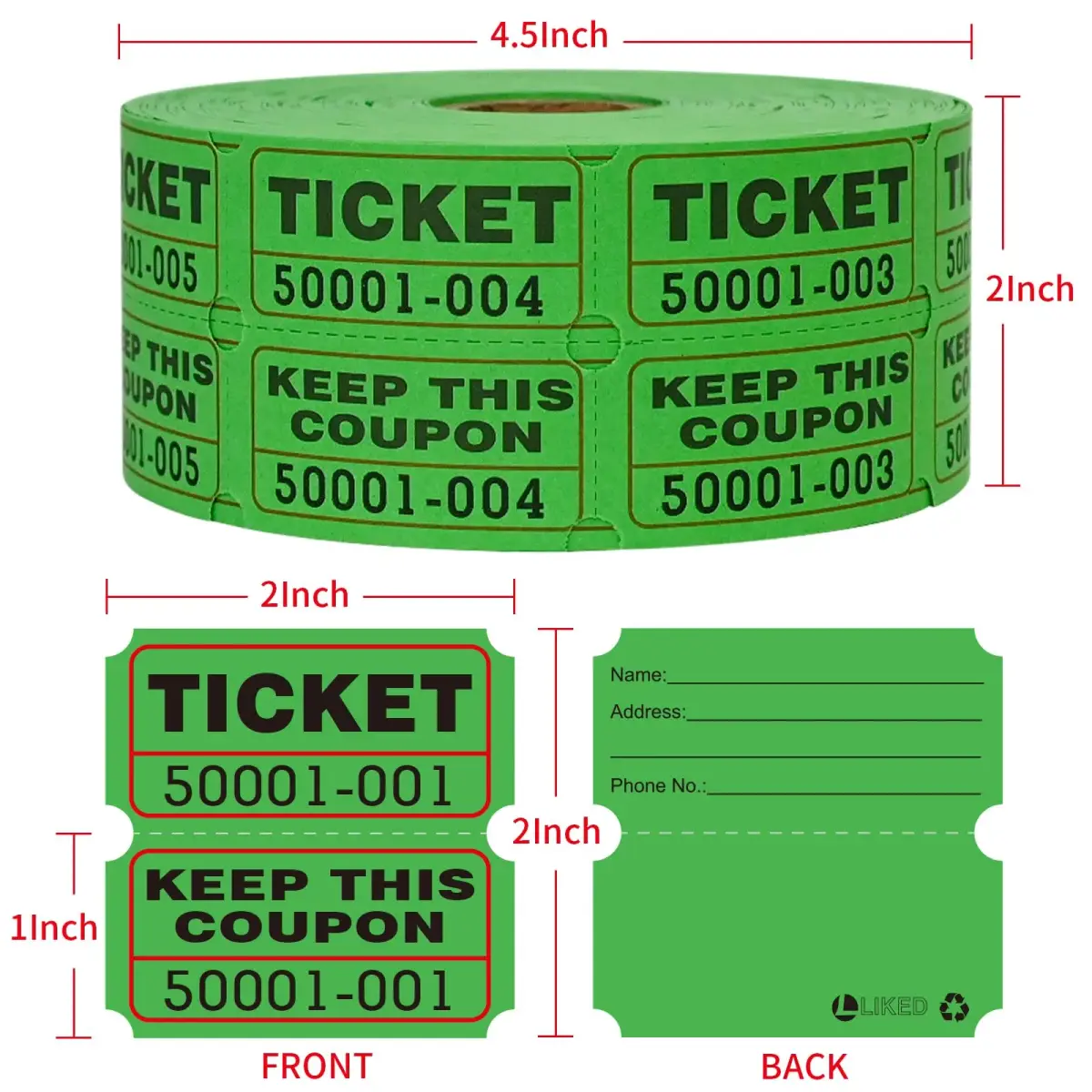 L LIKED Green Raffle Tickets 2" x 2", Double Roll, 1000 Pairs/Roll | Consecutive Numbering for Easy Event Management - view 3