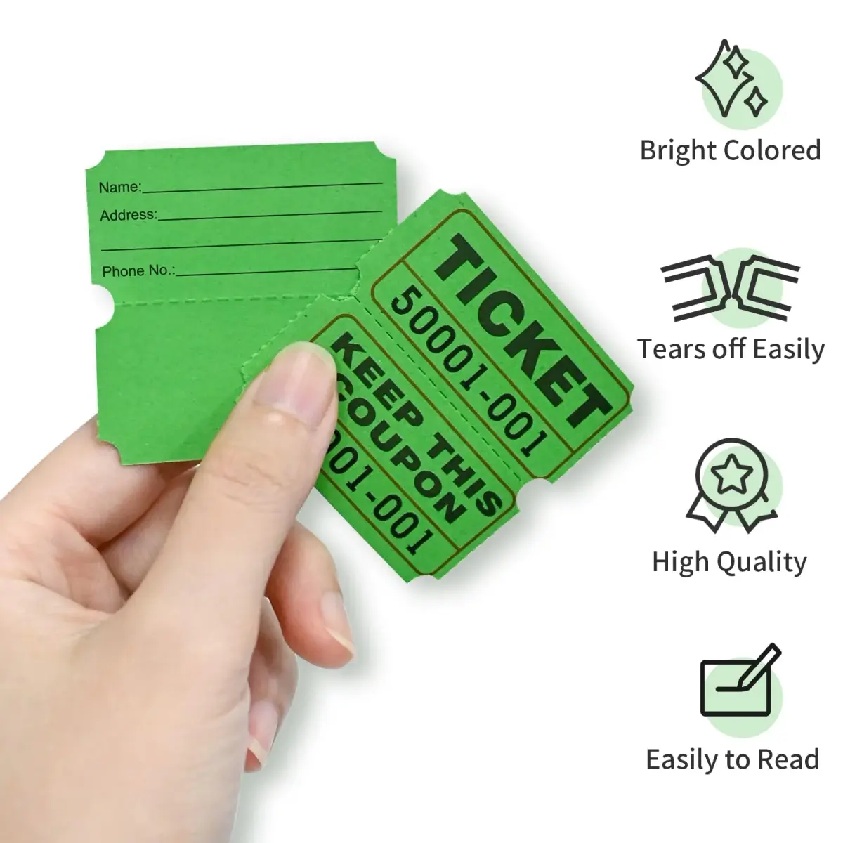 L LIKED Green Raffle Tickets 2" x 2", Double Roll, 1000 Pairs/Roll | Consecutive Numbering for Easy Event Management - view 4