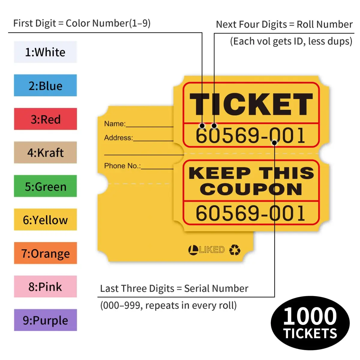 L LIKED Yellow Raffle Tickets 2" x 2" Double Roll (1000 Pairs) | Consecutive Numbering for Easy Event Management - view 2
