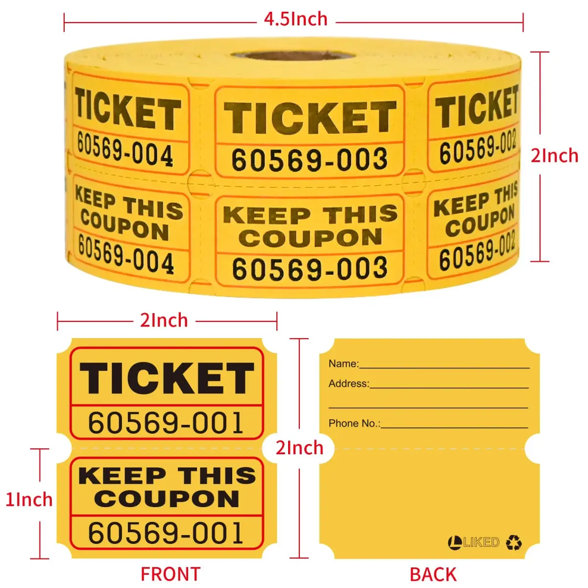 L LIKED Yellow Raffle Tickets 2" x 2" Double Roll (1000 Pairs) | Consecutive Numbering for Easy Event Management - view 3