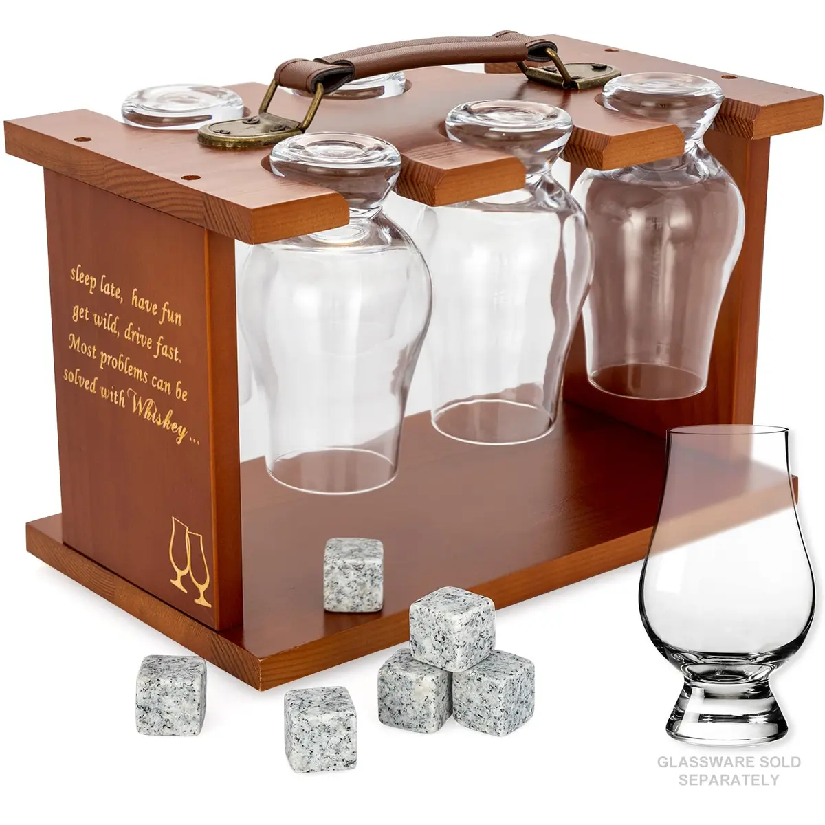 DOUDIZHU Wooden Whiskey Tasting Glass Organizer with Stones | Holds 6 Glencairn - main product image