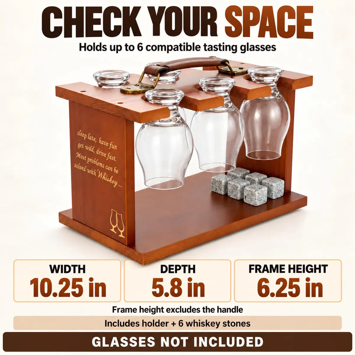 DOUDIZHU Wooden Whiskey Tasting Glass Organizer with Stones | Holds 6 Glencairn - view 5