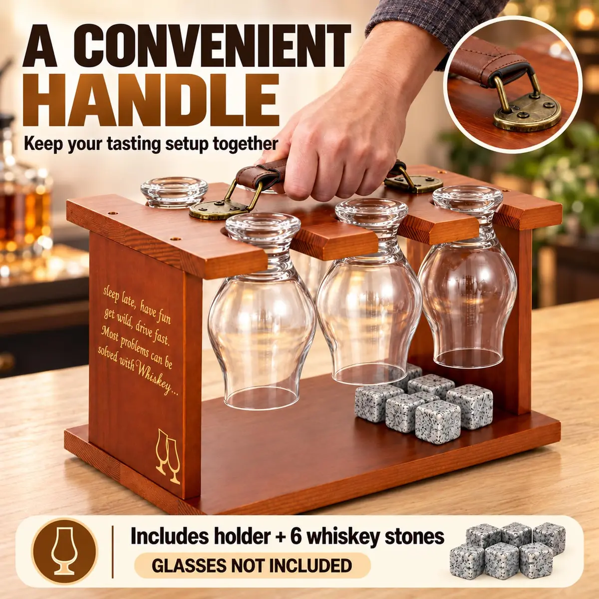 DOUDIZHU Wooden Whiskey Tasting Glass Organizer with Stones | Holds 6 Glencairn - view 6
