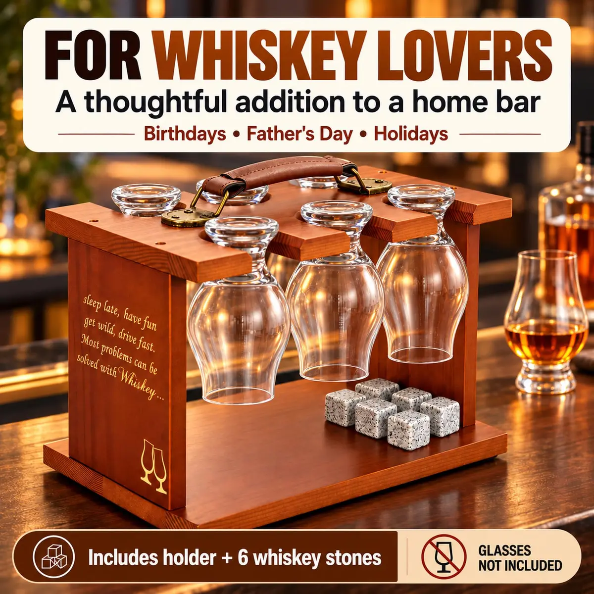 DOUDIZHU Wooden Whiskey Tasting Glass Organizer with Stones | Holds 6 Glencairn - view 7