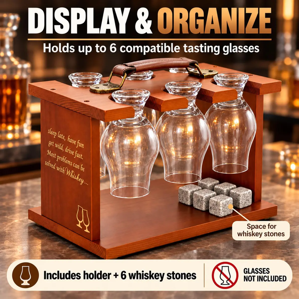 DOUDIZHU Wooden Whiskey Tasting Glass Organizer with Stones | Holds 6 Glencairn - view 2