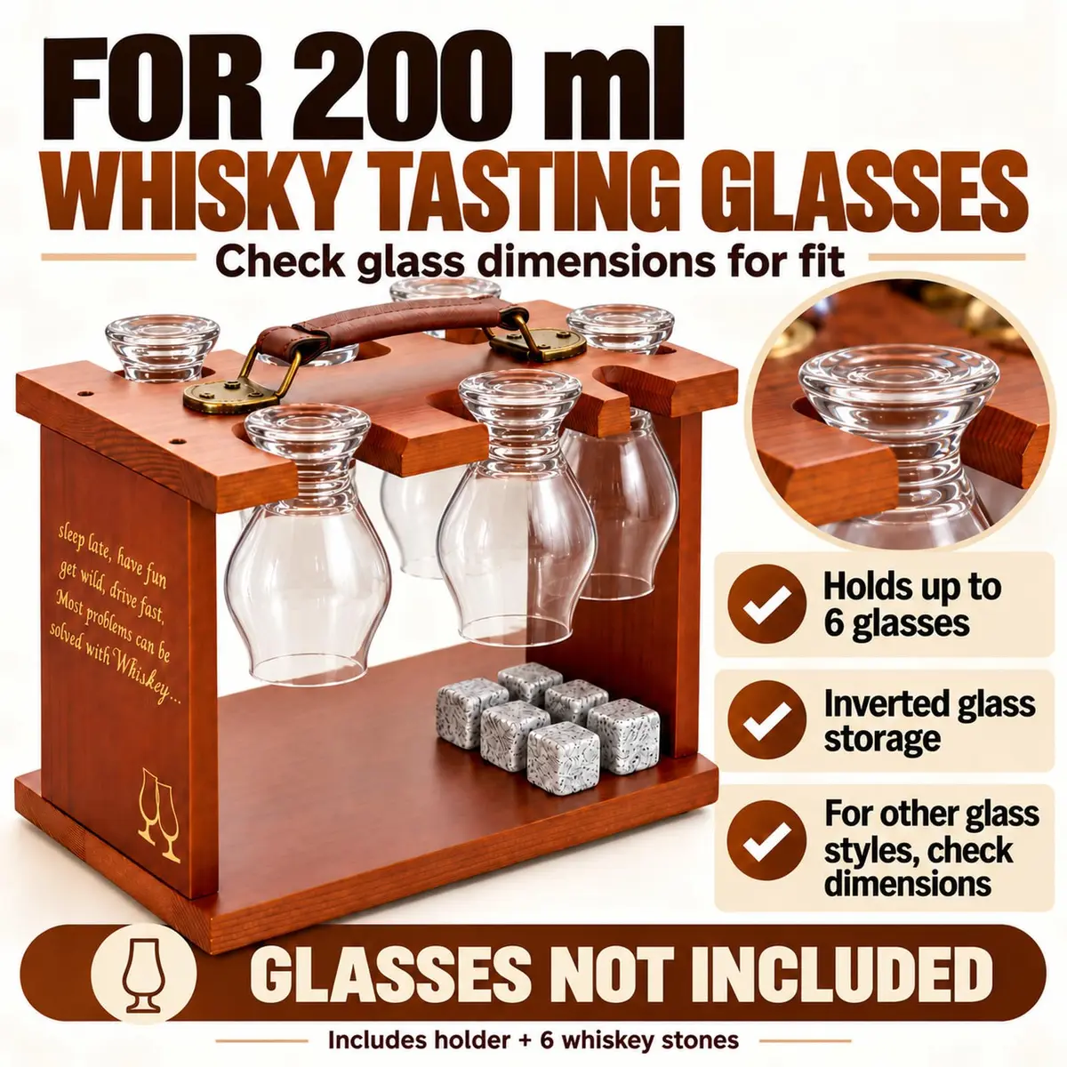 DOUDIZHU Wooden Whiskey Tasting Glass Organizer with Stones | Holds 6 Glencairn - view 4