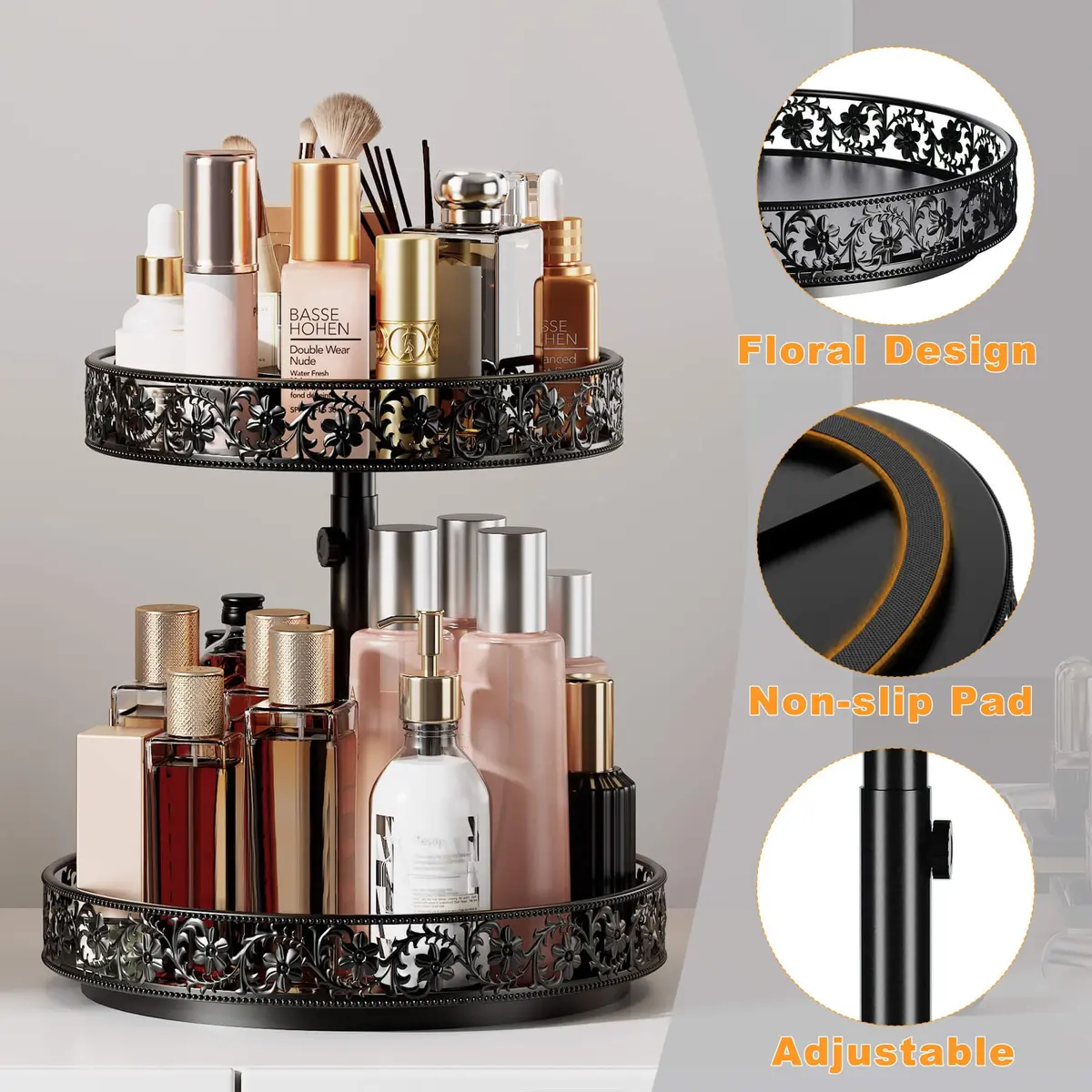 HISKIWUU 2 Tier Lazy Susan Organizer Turntable Height Adjustable | Durable Metal, 360° Swivel, Black - view 4