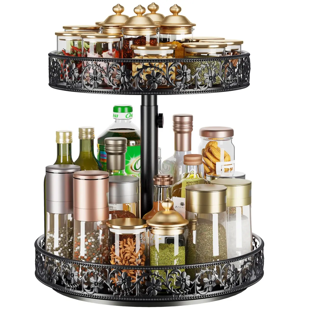 HISKIWUU 2 Tier Lazy Susan Organizer Turntable Height Adjustable | Durable Metal, 360° Swivel, Black - main product image