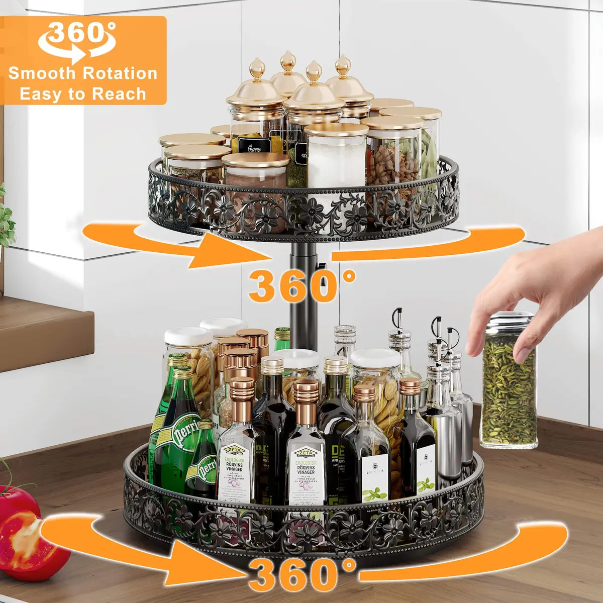 HISKIWUU 2 Tier Lazy Susan Organizer Turntable Height Adjustable | Durable Metal, 360° Swivel, Black - view 2