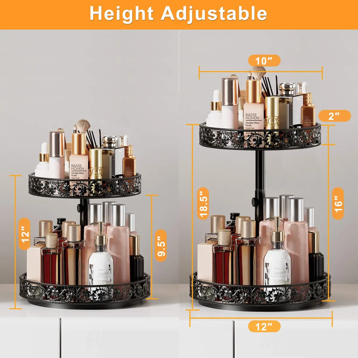 HISKIWUU 2 Tier Lazy Susan Organizer Turntable Height Adjustable | Durable Metal, 360° Swivel, Black - view 3