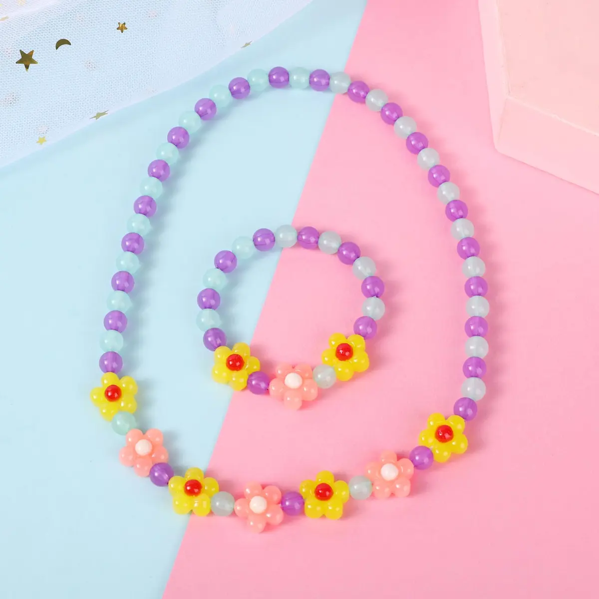 Yarkeuier Flower Beads Jewelry Set for Girls | 44cm (17") Necklace, 16cm (6.3") Bracelet - view 3
