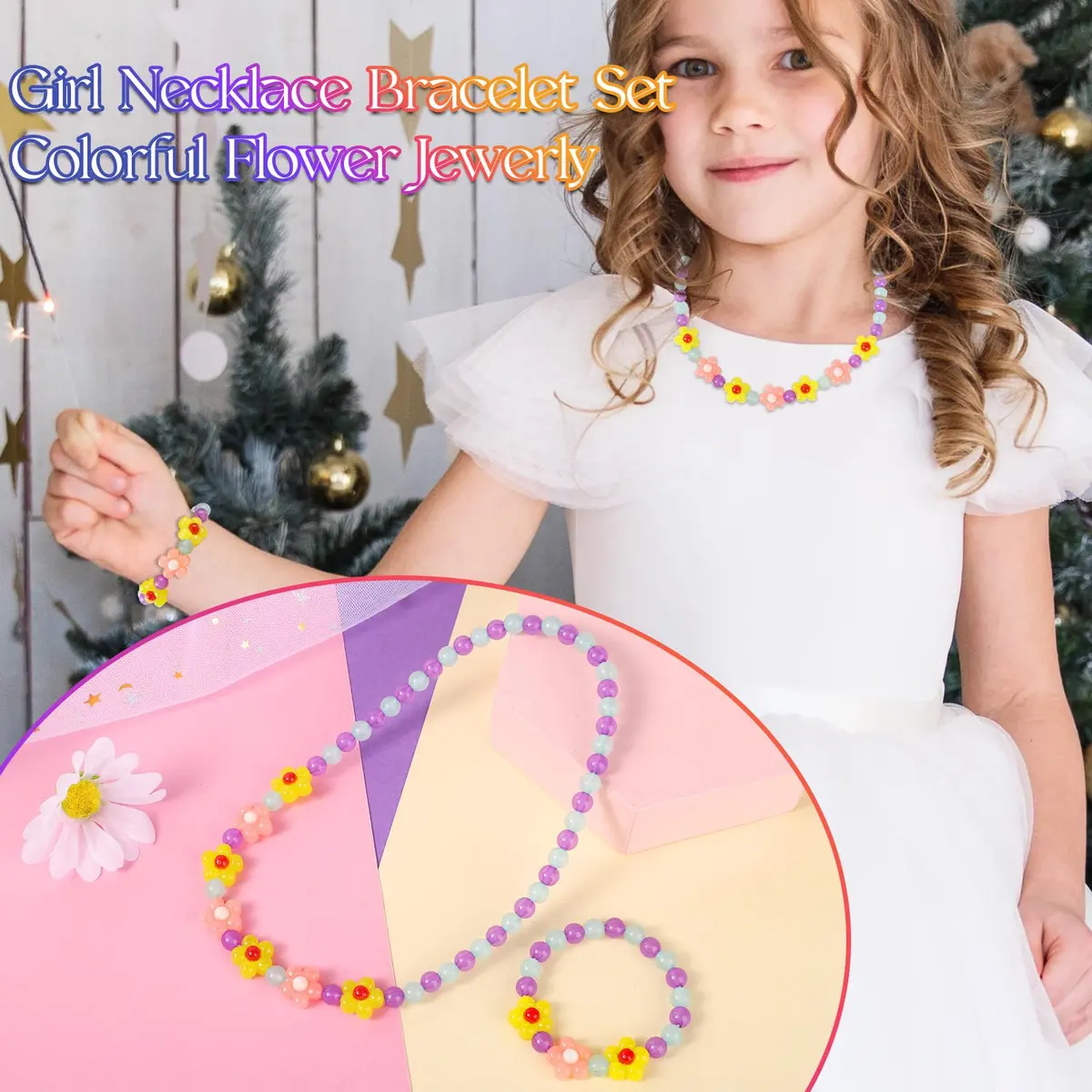 Yarkeuier Flower Beads Jewelry Set for Girls | 44cm (17") Necklace, 16cm (6.3") Bracelet - view 4