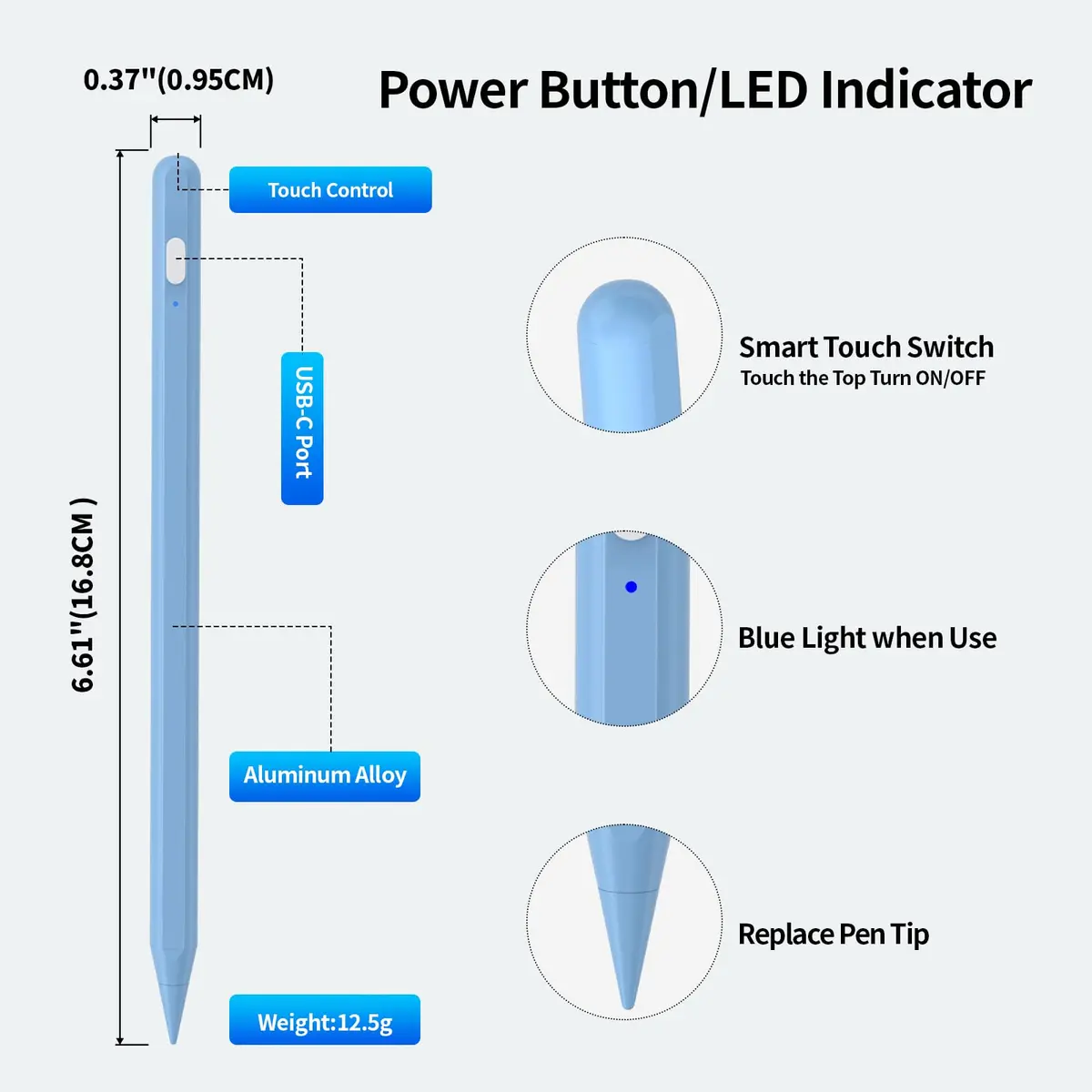 Tresoba Stylus Pencil for Apple iPad 2018-2026 | Palm Rejection & Fast Charge (165mm, Blue) - view 3