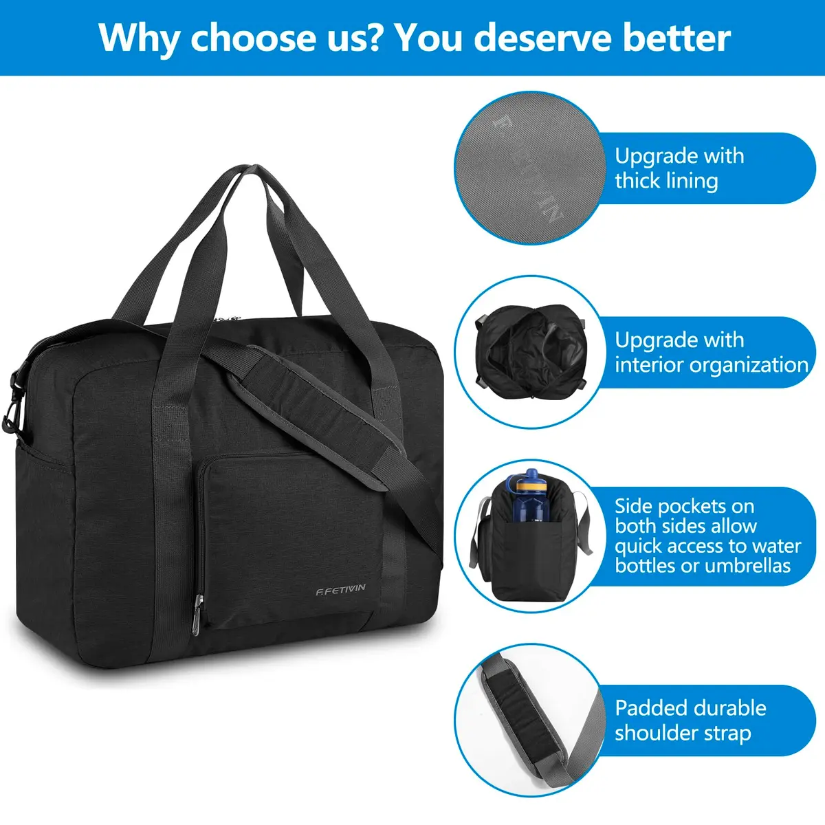 F.FETIVIN Personal Item Bag 17.7x12.6x6.3 | Foldable Travel Duffel for Women & Men, 25L - view 5