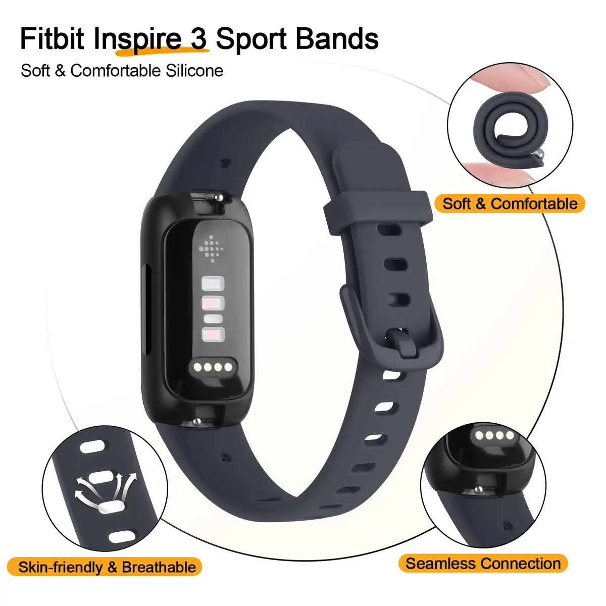 Meliya Fitbit Inspire 3 Wristband Midnight | Soft Silicone Sport Strap (130-205mm) - view 3