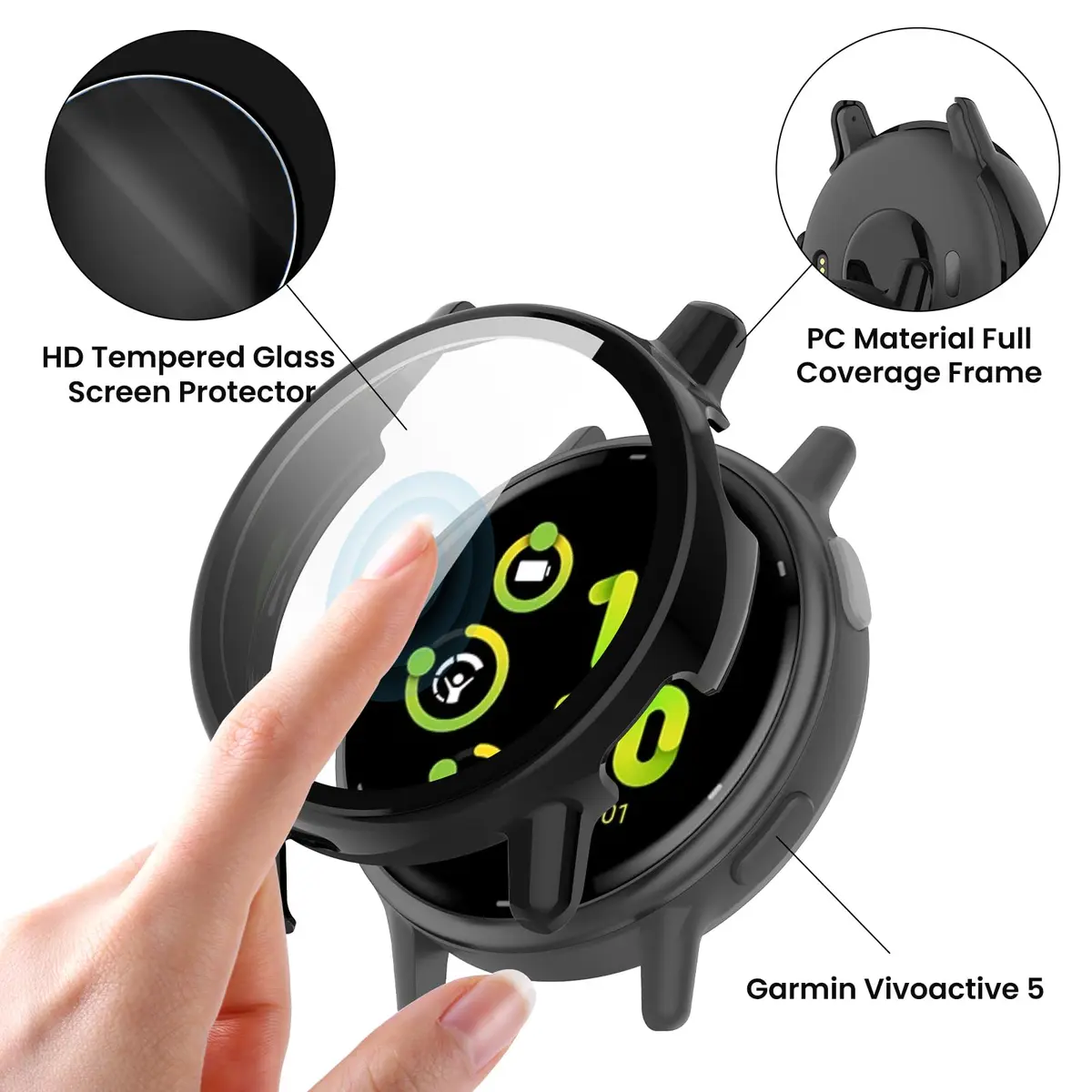 RuenTech Garmin Vivoactive 5 Screen Protector & Case Cover | HD Tempered Glass & Full Cover (1 Pack, Black&Clear) - view 4