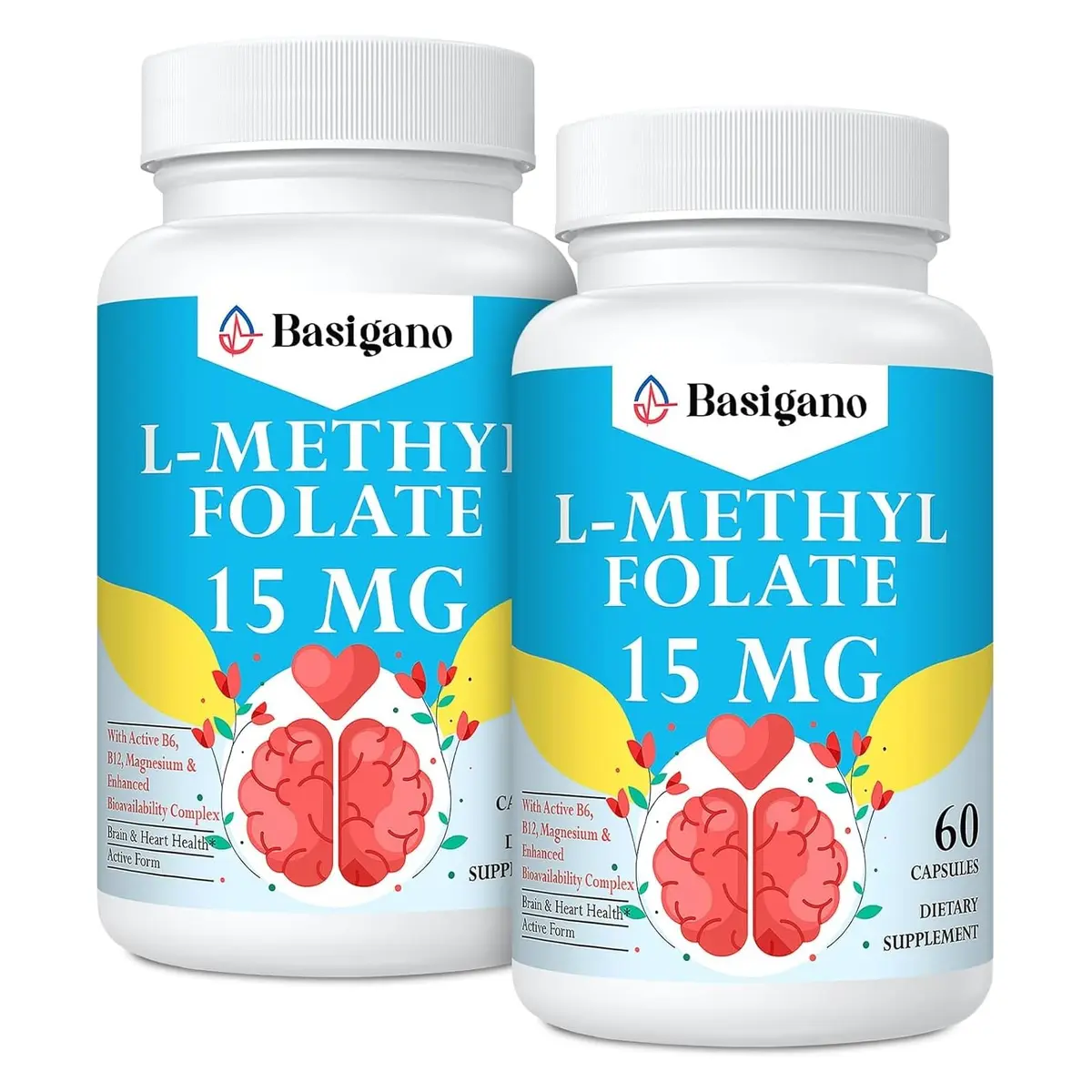 Basigano 15mg L-Methylfolate Capsules | Active Folic Acid with Vitamins B6 & B12 (60 Vegetarian Capsules) - main product image