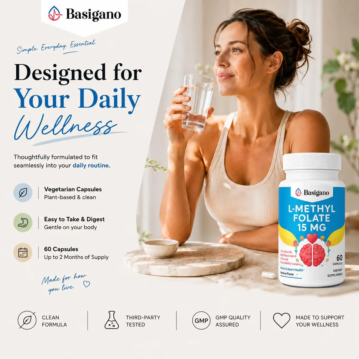 Basigano 15mg L-Methylfolate Capsules | Active Folic Acid with Vitamins B6 & B12 (60 Vegetarian Capsules) - view 6