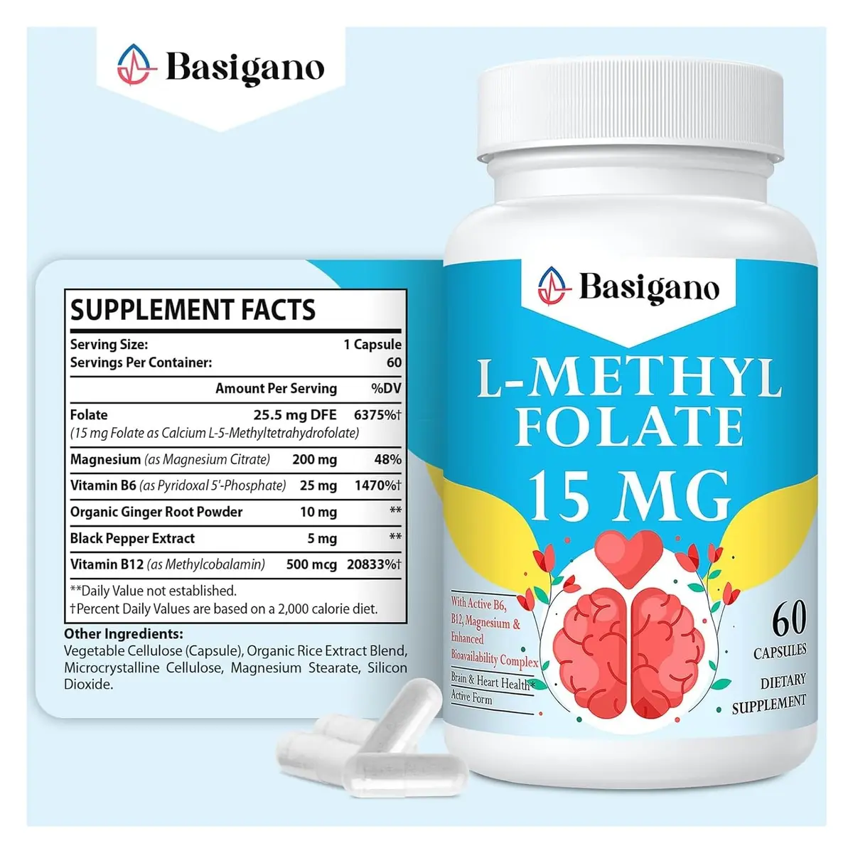 Basigano 15mg L-Methylfolate Capsules | Active Folic Acid with Vitamins B6 & B12 (60 Vegetarian Capsules) - view 2