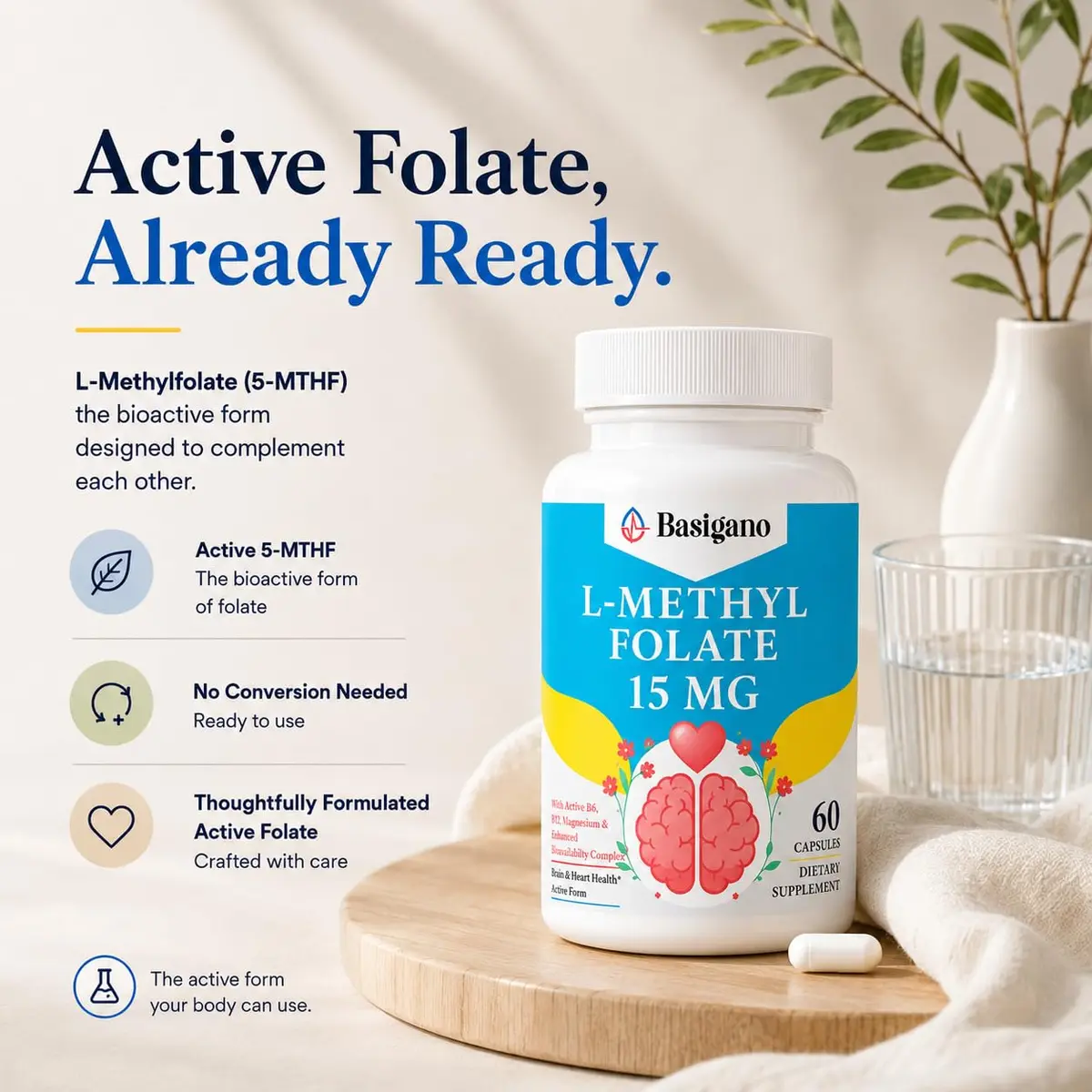Basigano 15mg L-Methylfolate Capsules | Active Folic Acid with Vitamins B6 & B12 (60 Vegetarian Capsules) - view 3