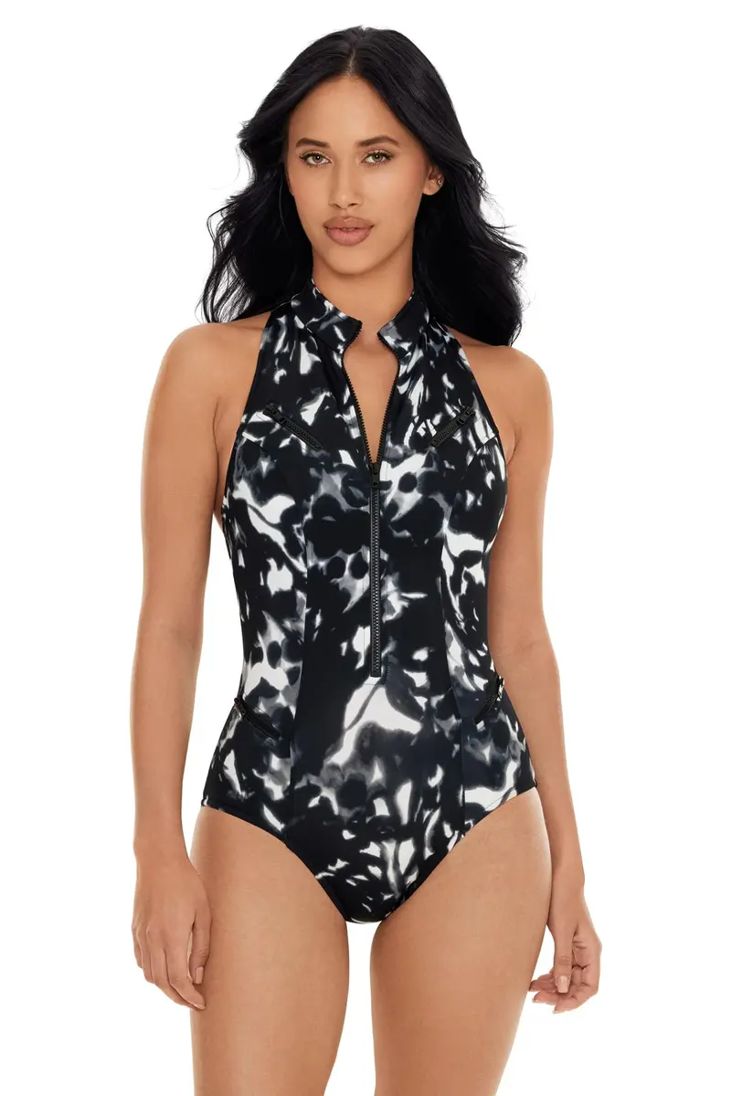 MagicSuit Women's Swimwear Dream State Coco High Neck Racerback Underwire Zip One Piece Swimsuit, Black/Multi, 12 | Slimming, Full Coverage & Support - main product image