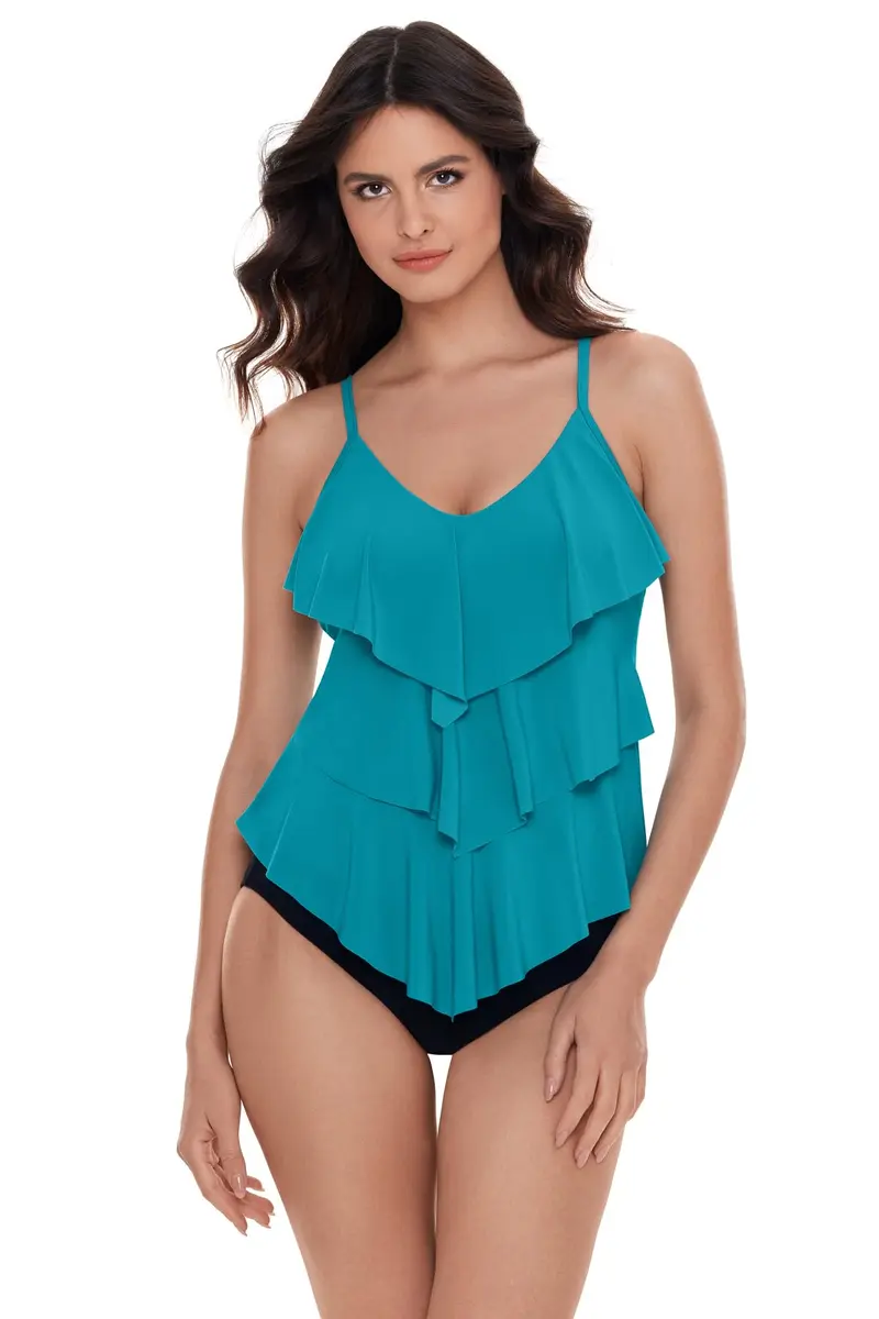 MagicSuit Women's Swimwear Solid Rita V-Neck Tankini Top with Soft Cup Bra and Adjustable Straps, Pacific, 12 | Flattering Slimming Fit - main product image