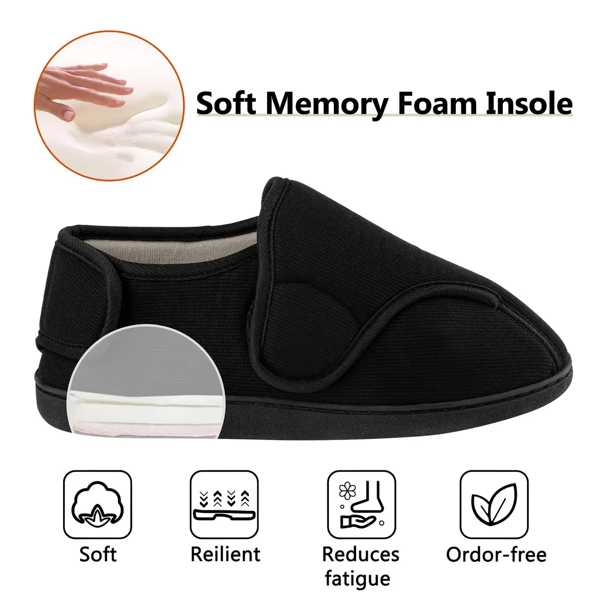 TIESTRA Men's Memory Foam Diabetic Boots Slippers Lightweight Comfortable Breathable No Sweat Edema Swollen House Shoes Adjustable Wide Indoor/Outdoor Slip On Bedroom Slipper Black EU46/US13 - view 6