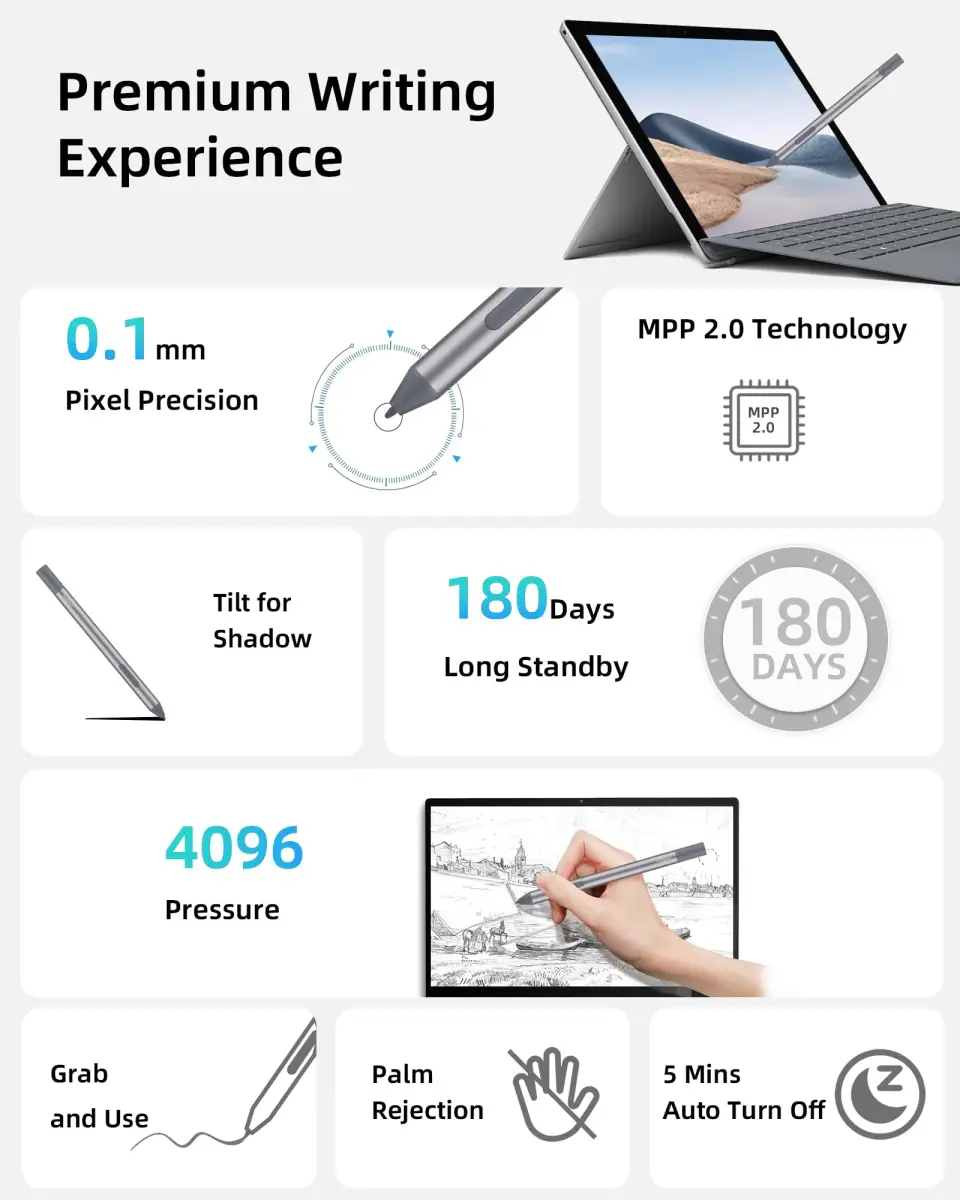 Metapen Stylus Pen M2 Biz for Microsoft Surface with AAAA Battery | 4096 Pressure Levels, Tilt Function, Palm Rejection - view 2