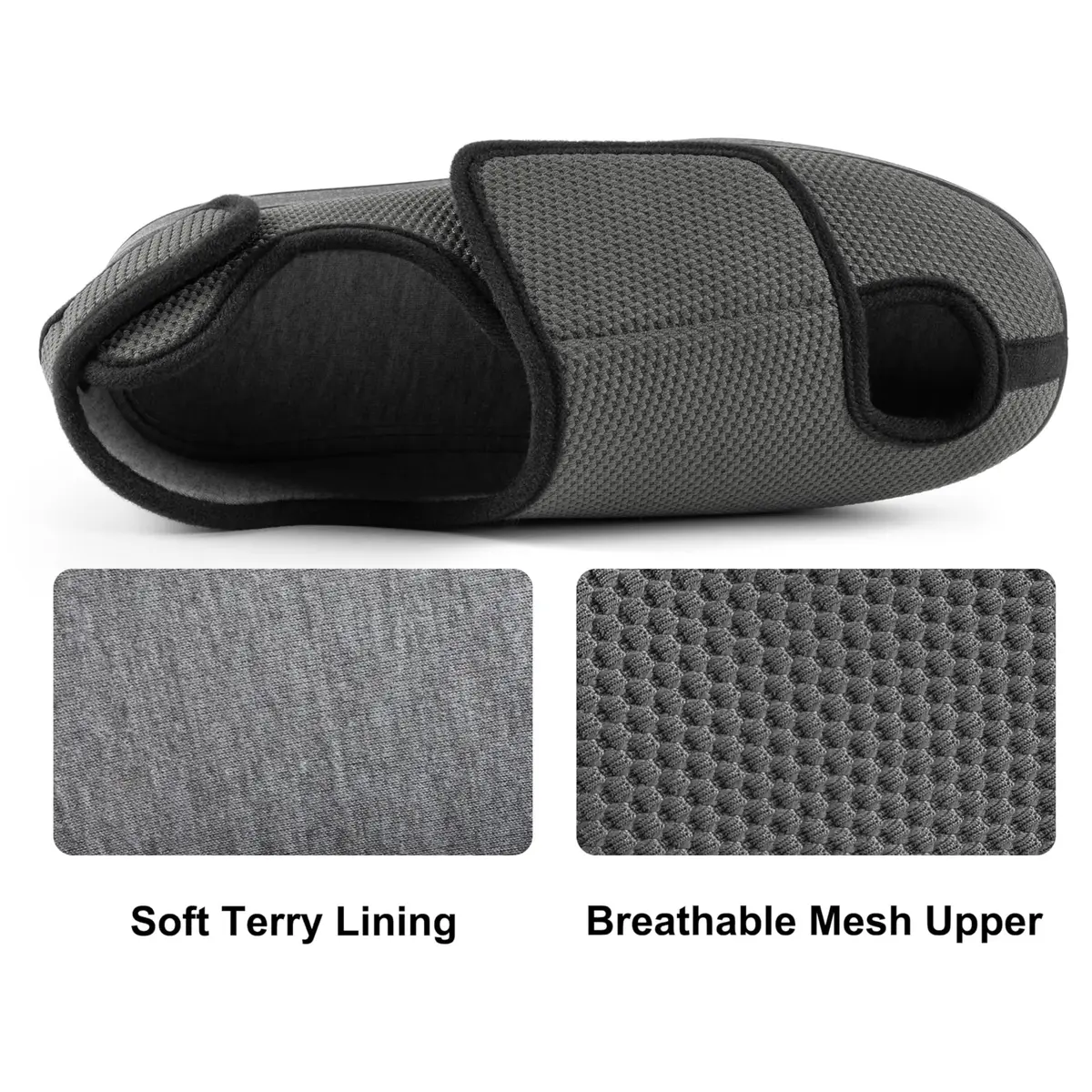 Ravelier Men's Diabetic Wide Waffle Knit Adjustable Slipper, 8W, Grey | Comfortable, Breathable & Secure Fit - view 5