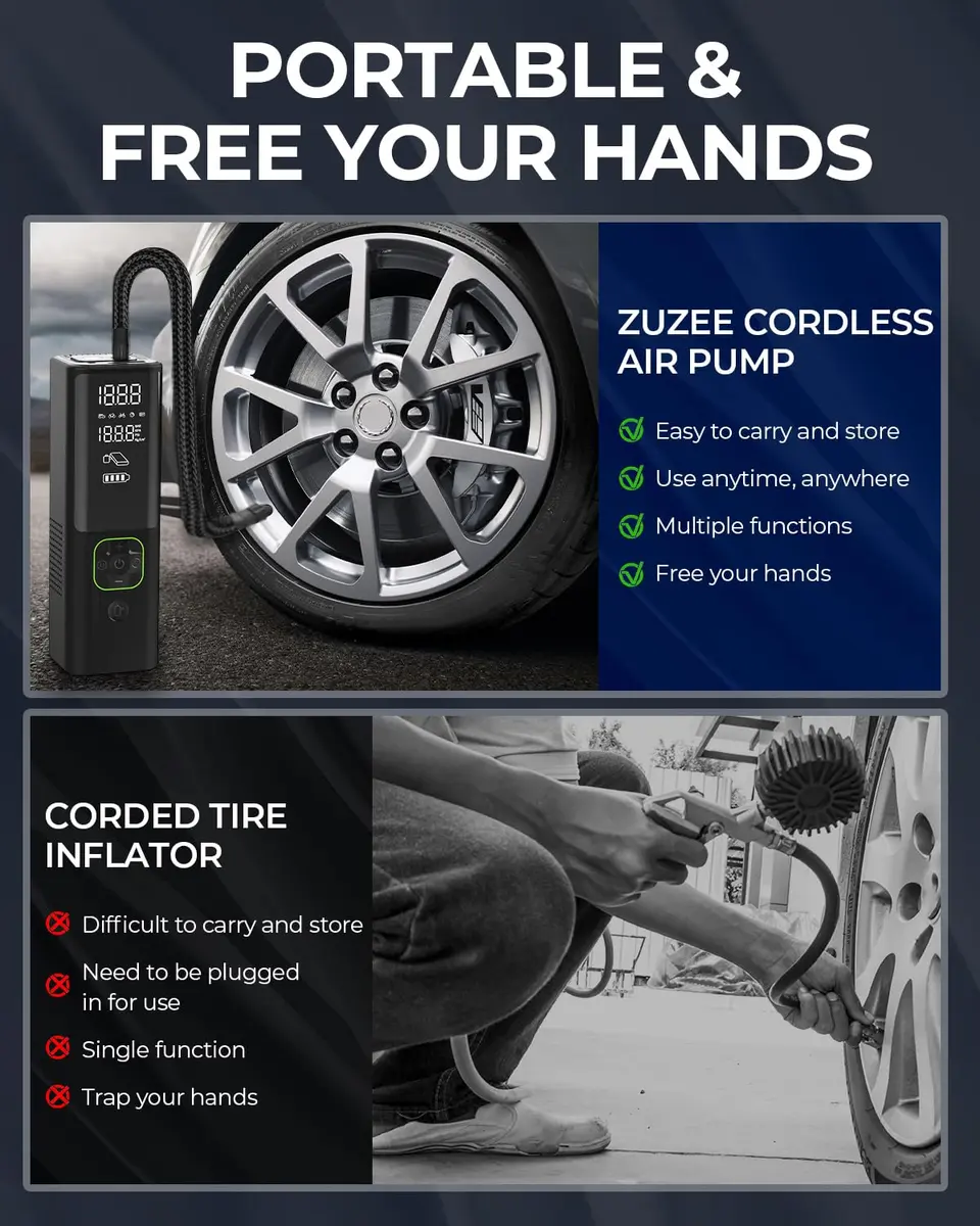 ZUZEE Portable Air Compressor 150PSI with HD Display | 3X Faster Inflation for Car, Moto, Bike, Balls, Mattresses - view 5