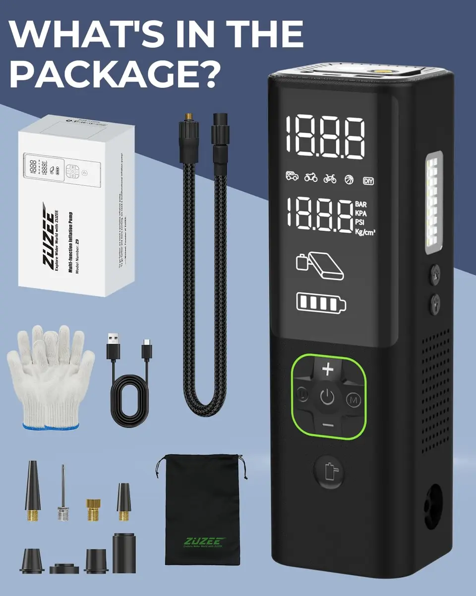 ZUZEE Portable Air Compressor 150PSI with HD Display | 3X Faster Inflation for Car, Moto, Bike, Balls, Mattresses - view 7