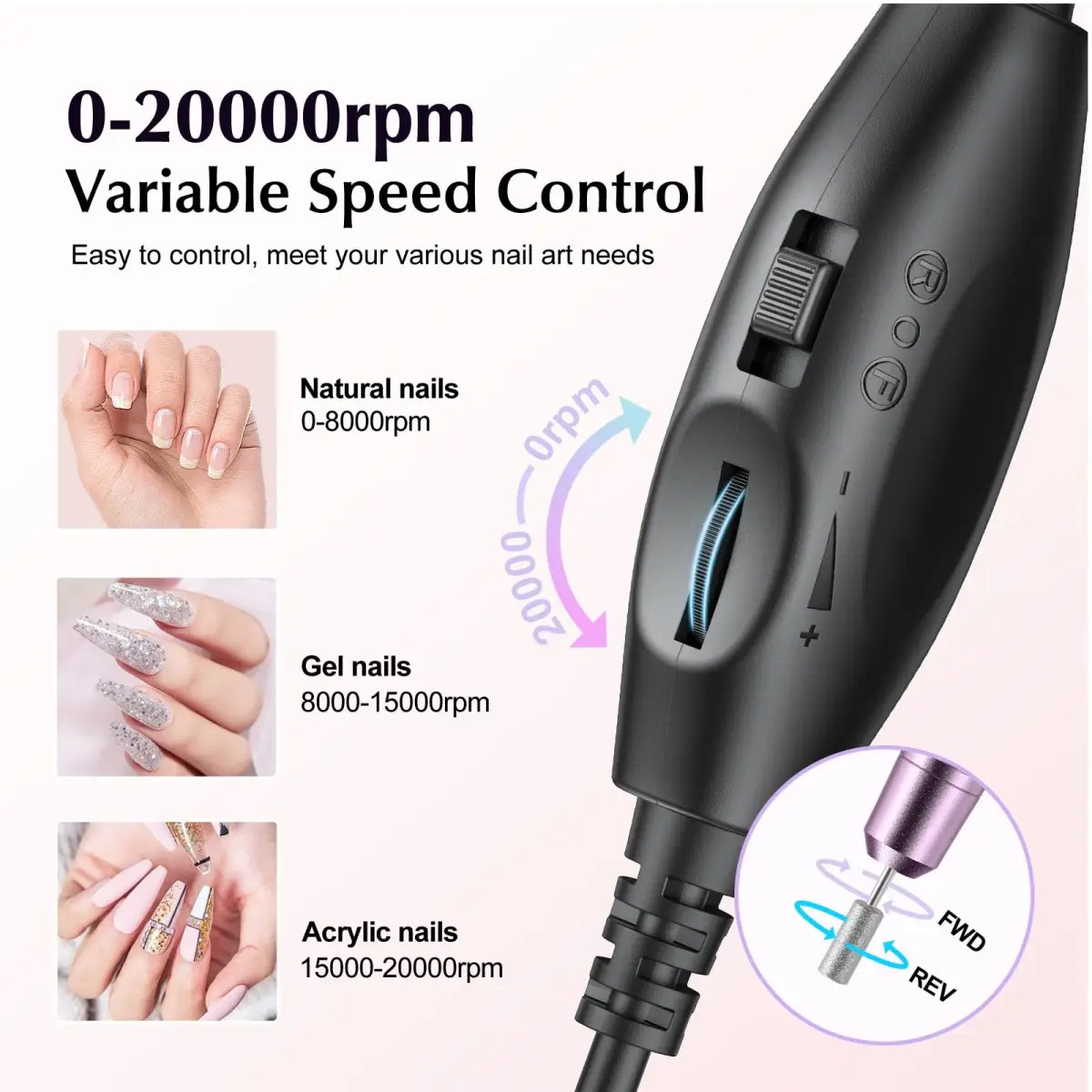 COSLUS C40 Electric Nail Drill | Precise Dial Speed Control, 20000 RPM, Dark Purple - view 8