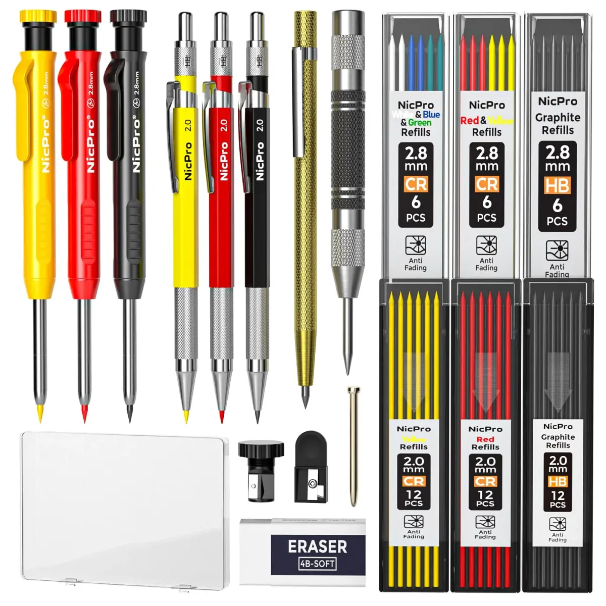 Nicpro 18 Pack Carpenter Pencils & Leads | 2.0mm & 2.8mm, Metal & ABS, Bulk Set - main product image