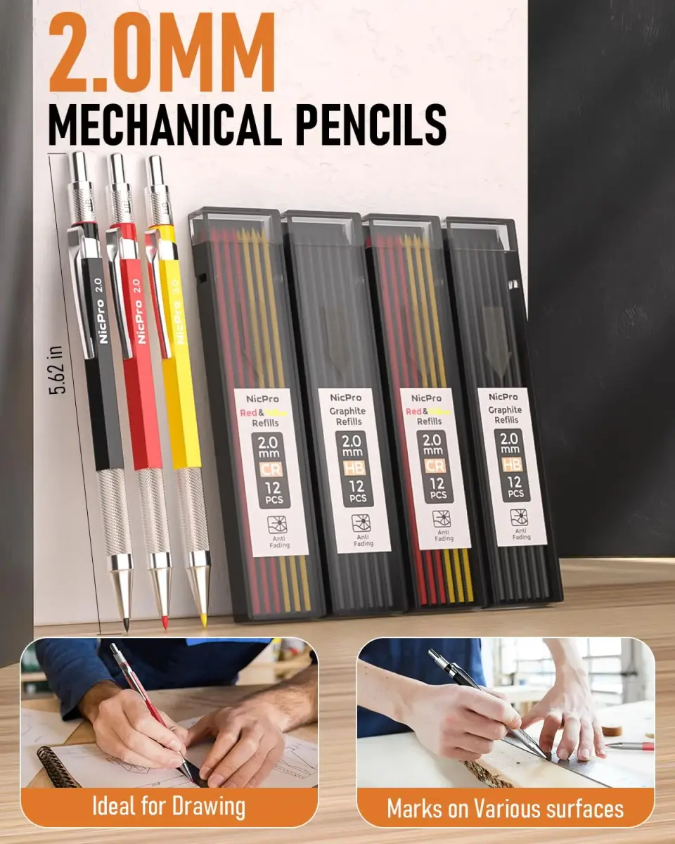 Nicpro 18 Pack Carpenter Pencils & Leads | 2.0mm & 2.8mm, Metal & ABS, Bulk Set - view 2