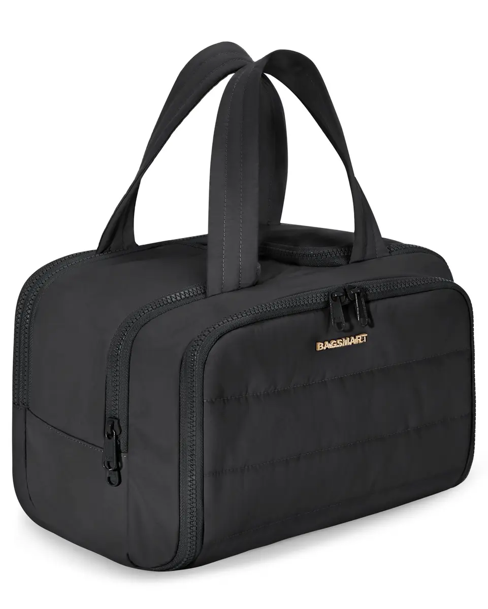 BAGSMART Puffy Travel Toiletry Bag for Women, Large Wide-open Cosmetic Makeup Organizer with Handle, Black 29.9 cm (11.8" L x 7.3" W x 8.7" H) | TSA Compliant Carry-On - main product image