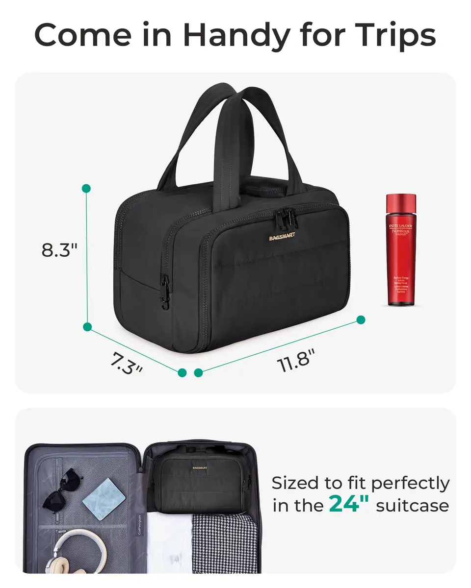 BAGSMART Puffy Travel Toiletry Bag for Women, Large Wide-open Cosmetic Makeup Organizer with Handle, Black 29.9 cm (11.8" L x 7.3" W x 8.7" H) | TSA Compliant Carry-On - view 5
