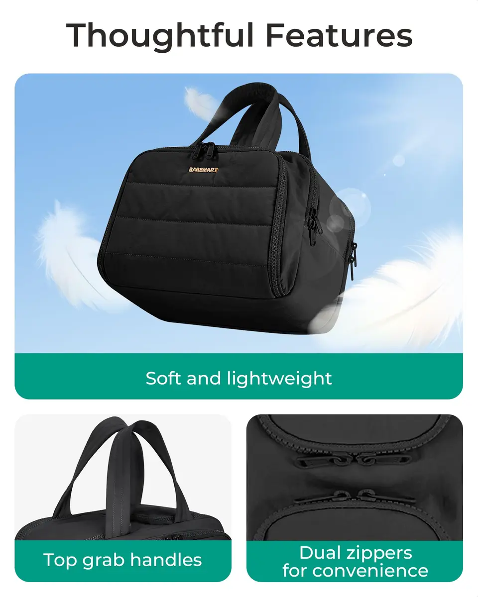 BAGSMART Puffy Travel Toiletry Bag for Women, Large Wide-open Cosmetic Makeup Organizer with Handle, Black 29.9 cm (11.8" L x 7.3" W x 8.7" H) | TSA Compliant Carry-On - view 6