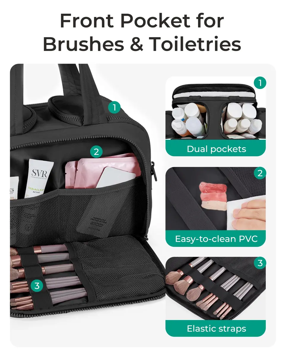 BAGSMART Puffy Travel Toiletry Bag for Women, Large Wide-open Cosmetic Makeup Organizer with Handle, Black 29.9 cm (11.8" L x 7.3" W x 8.7" H) | TSA Compliant Carry-On - view 2
