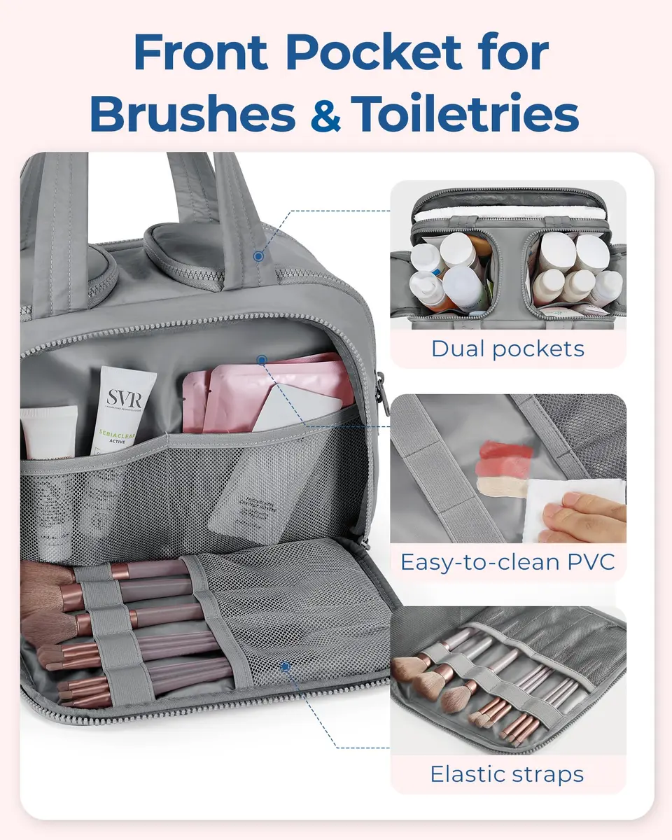 BAGSMART Puffy Travel Toiletry Bag for Women - Large Wide-open Cosmetic Makeup Organizer with Handle, Grey | Lightweight & Water-Resistant - view 4
