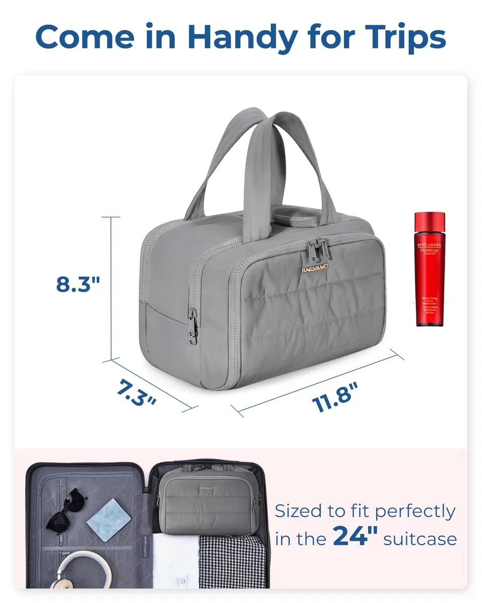 BAGSMART Puffy Travel Toiletry Bag for Women - Large Wide-open Cosmetic Makeup Organizer with Handle, Grey | Lightweight & Water-Resistant - view 6