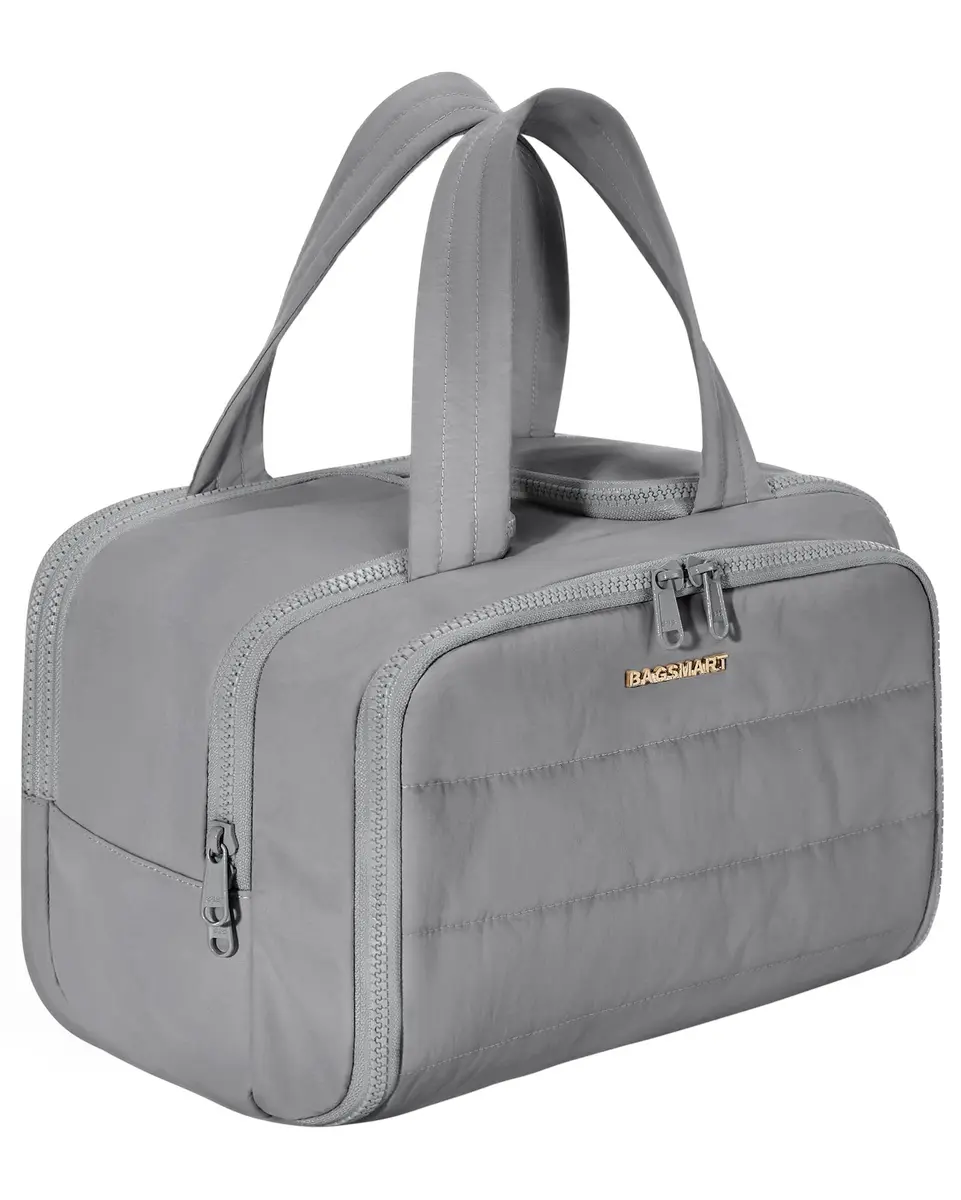 BAGSMART Puffy Travel Toiletry Bag for Women - Large Wide-open Cosmetic Makeup Organizer with Handle, Grey | Lightweight & Water-Resistant - main product image