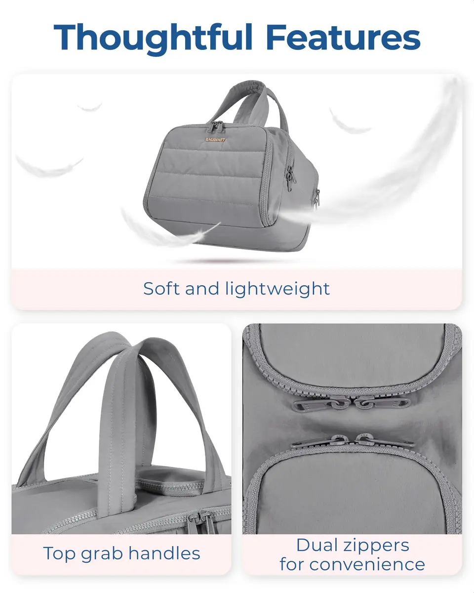 BAGSMART Puffy Travel Toiletry Bag for Women - Large Wide-open Cosmetic Makeup Organizer with Handle, Grey | Lightweight & Water-Resistant - view 2