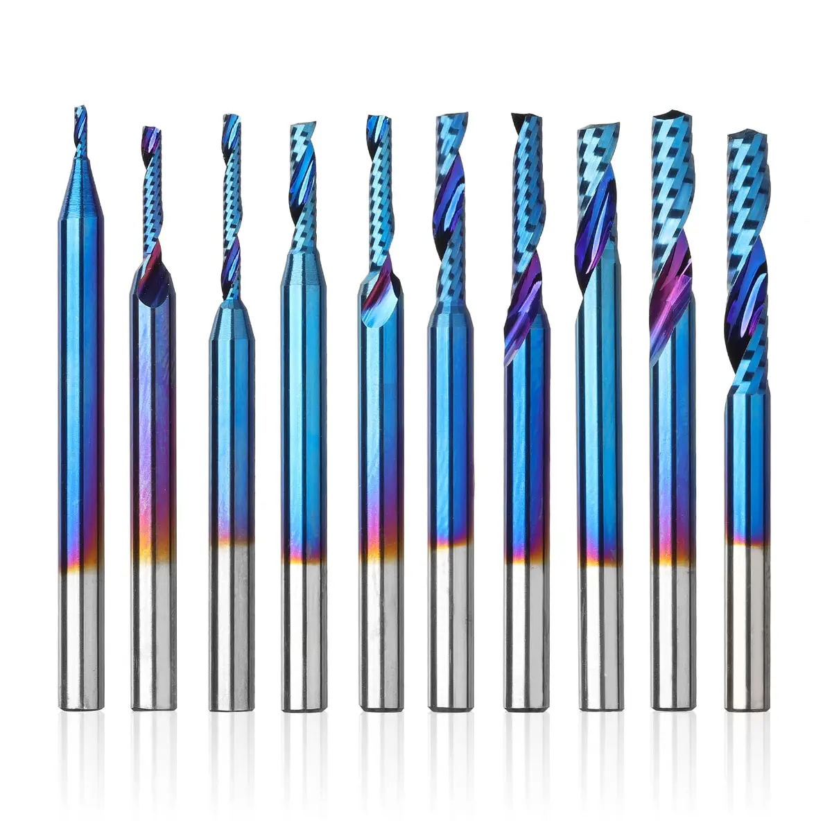 Genmitsu 1/8 Inch Shank 10pcs Carbide Spiral O Flute End Mill for Metal & Wood | Nano Blue Coating, 91.5 HRA, Perfect for Aluminum, Copper, PVC, PCB - main product image