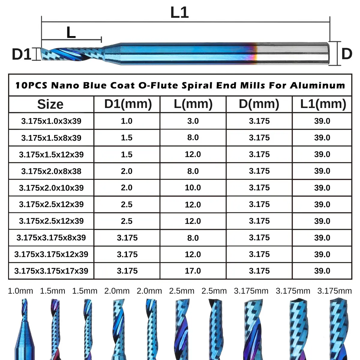 Genmitsu 1/8 Inch Shank 10pcs Carbide Spiral O Flute End Mill for Metal & Wood | Nano Blue Coating, 91.5 HRA, Perfect for Aluminum, Copper, PVC, PCB - view 2