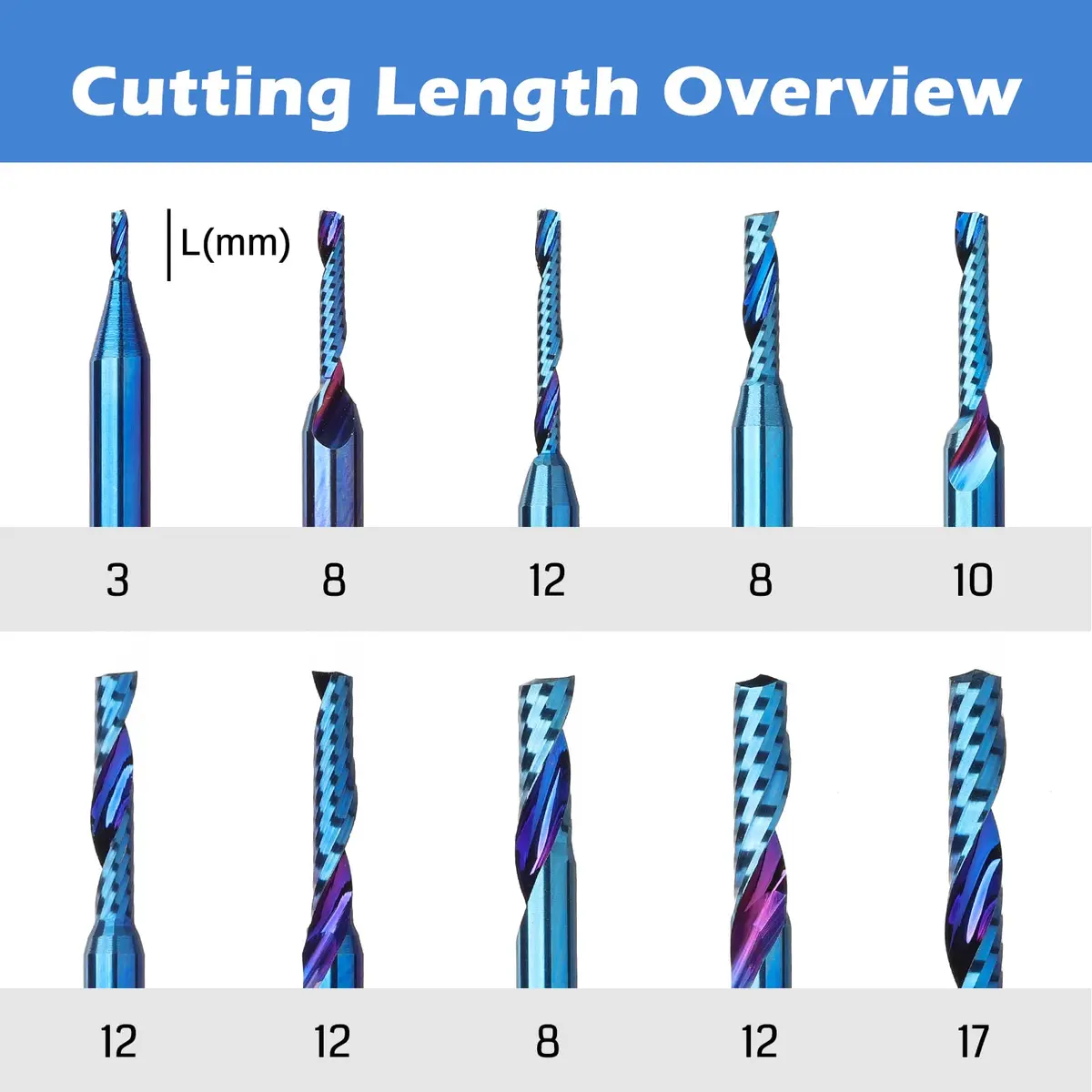 Genmitsu 1/8 Inch Shank 10pcs Carbide Spiral O Flute End Mill for Metal & Wood | Nano Blue Coating, 91.5 HRA, Perfect for Aluminum, Copper, PVC, PCB - view 3