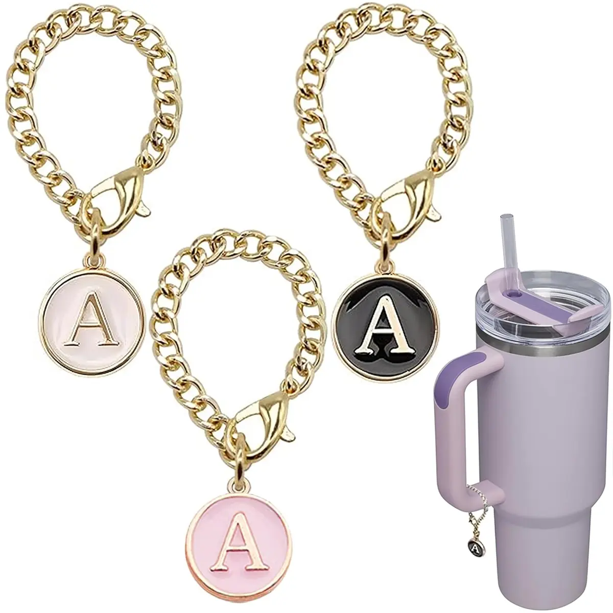 Ekarley Letter Charm Accessories for Stanley Cup | 3Pcs Initial Chain Water Bottle Handle, Unisex, Alloy, 5.1 inches - main product image