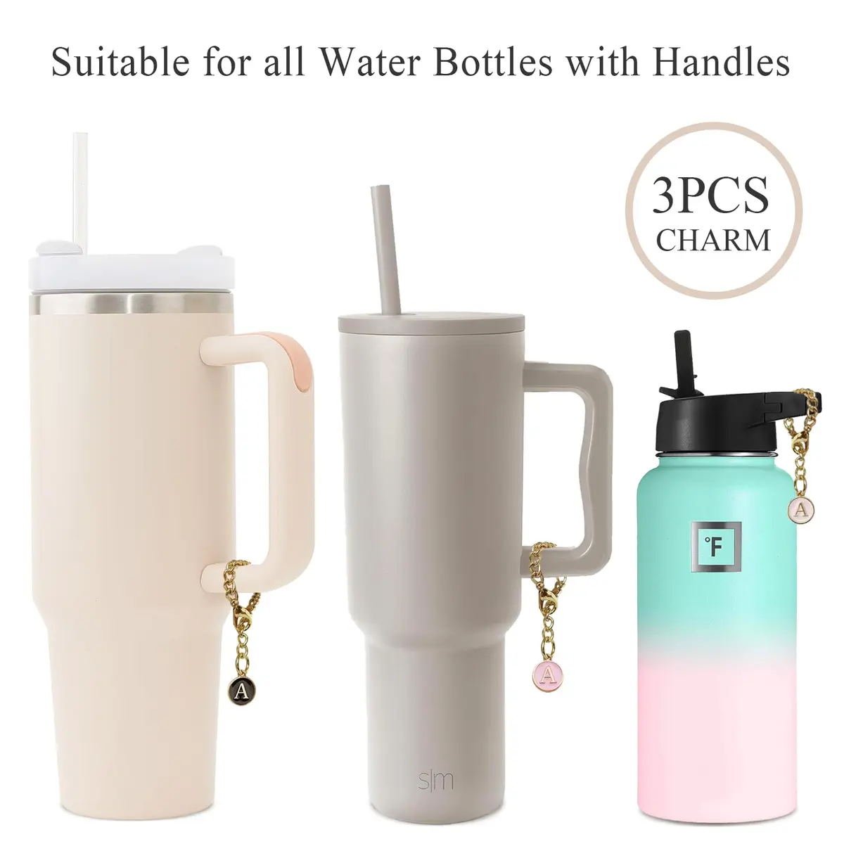 Ekarley Letter Charm Accessories for Stanley Cup | 3Pcs Initial Chain Water Bottle Handle, Unisex, Alloy, 5.1 inches - view 2