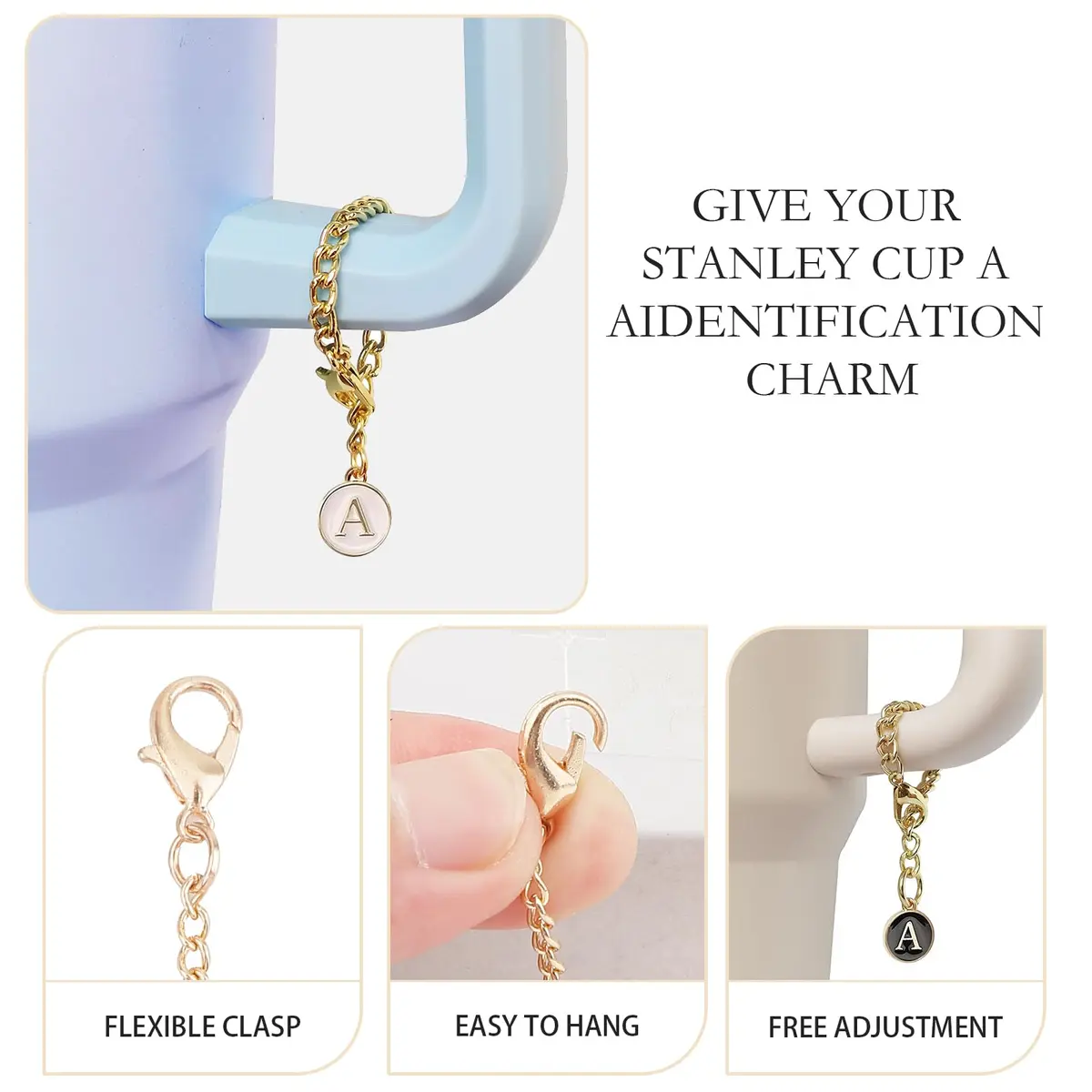 Ekarley Letter Charm Accessories for Stanley Cup | 3Pcs Initial Chain Water Bottle Handle, Unisex, Alloy, 5.1 inches - view 3