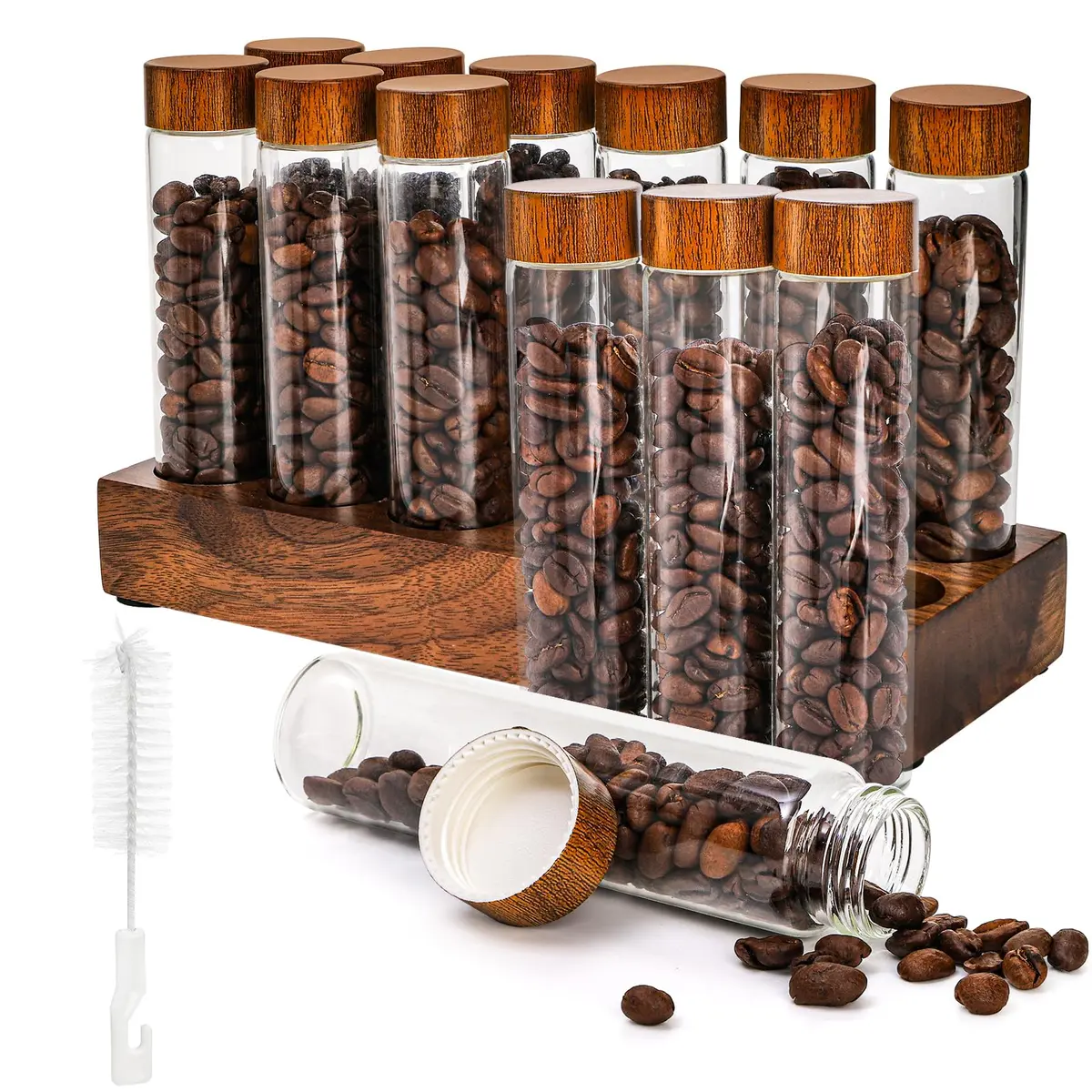 Goaste 12 Pack Borosilicate Glass Coffee Bean Storage Tubes with Walnut Stand & Brush | 33ml (1.1 Fl Oz) Each - main product image